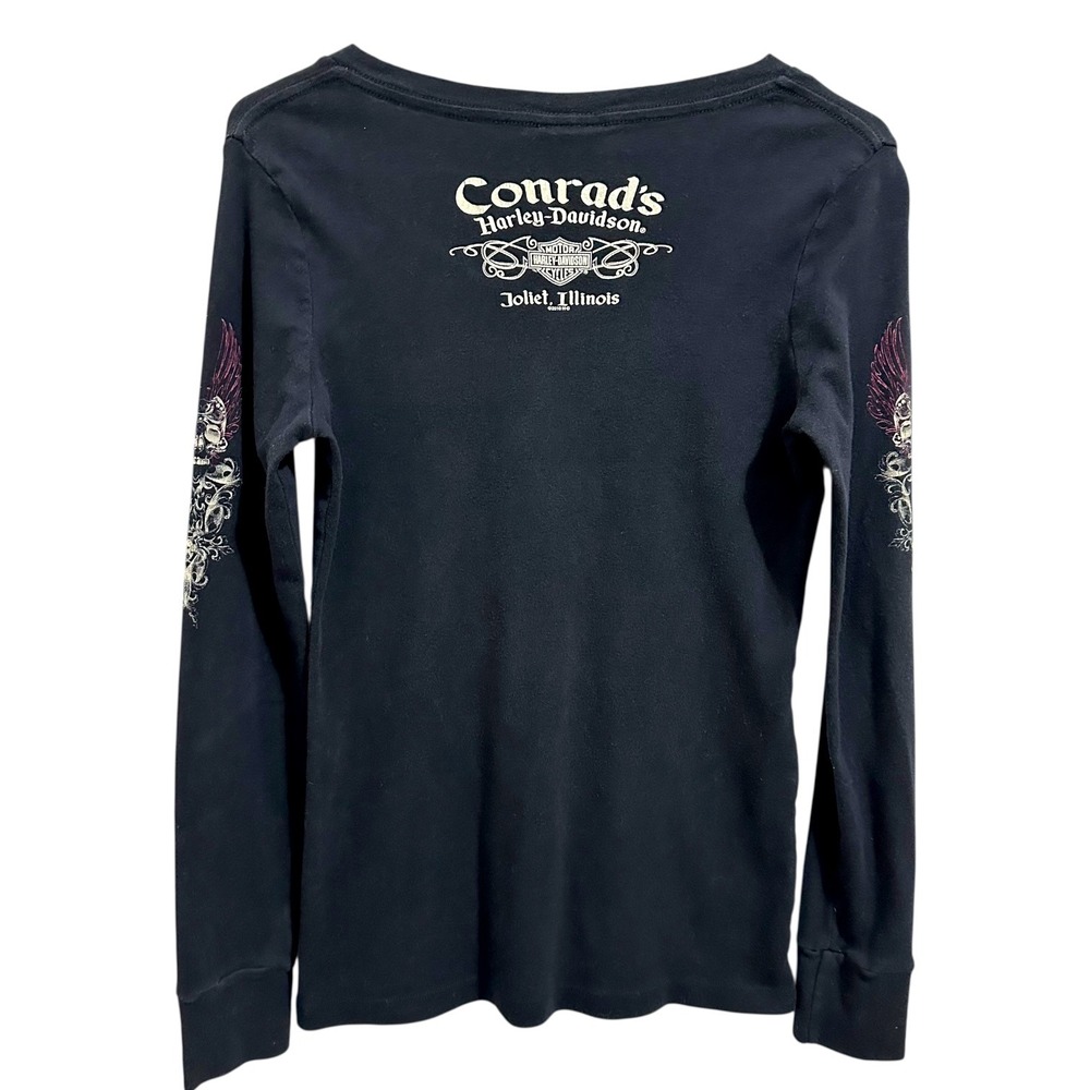 Harley-Davidson Shirt Women Small Black Long Sleeve Skull Wings Graphic V-Neck - Picture 14 of 14